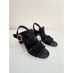 Prada Black Suede Fringe Block Heel Slingback Sandals Women's Size 39.5 / US 9